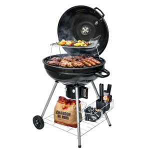 Barbecue à Charbon avec couvercle Ø54cm x 102 Cm Double Grille avec Thermostat 2 roues INTEC