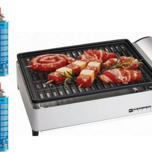 Barbecue à gaz portable 1900W + 4 cartouches - Piézo Allumage Grille Anti-adhésive KEMPER