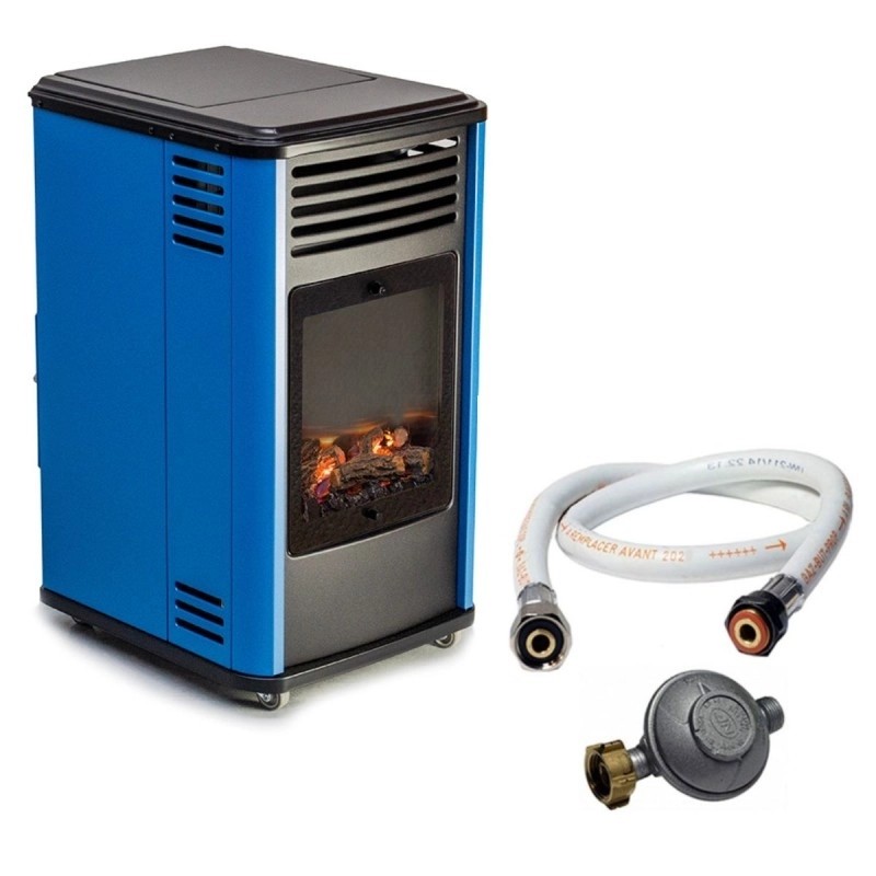 Poêle à gaz Manhattan Bleu + Tuyau + Détendeur - 3400W - Effet feu de bois - 3 niveaux de chauffe - Allumage piézo - SAHARA – Image 2