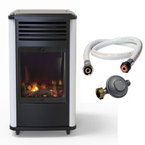 Poêle à gaz Manhattan Blanc + Tuyau + Détendeur - 3400W - Effet feu de bois - 3 niveaux de chauffe - Allumage piézo - SAHARA