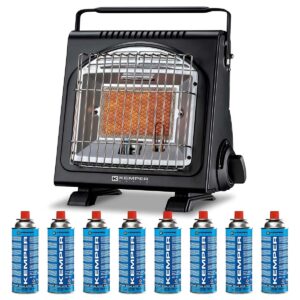 Chauffage à gaz portable 1700W 8 cartouches butane autonomie 2h30 sécurité ODS piezo allumage facile KEMPER