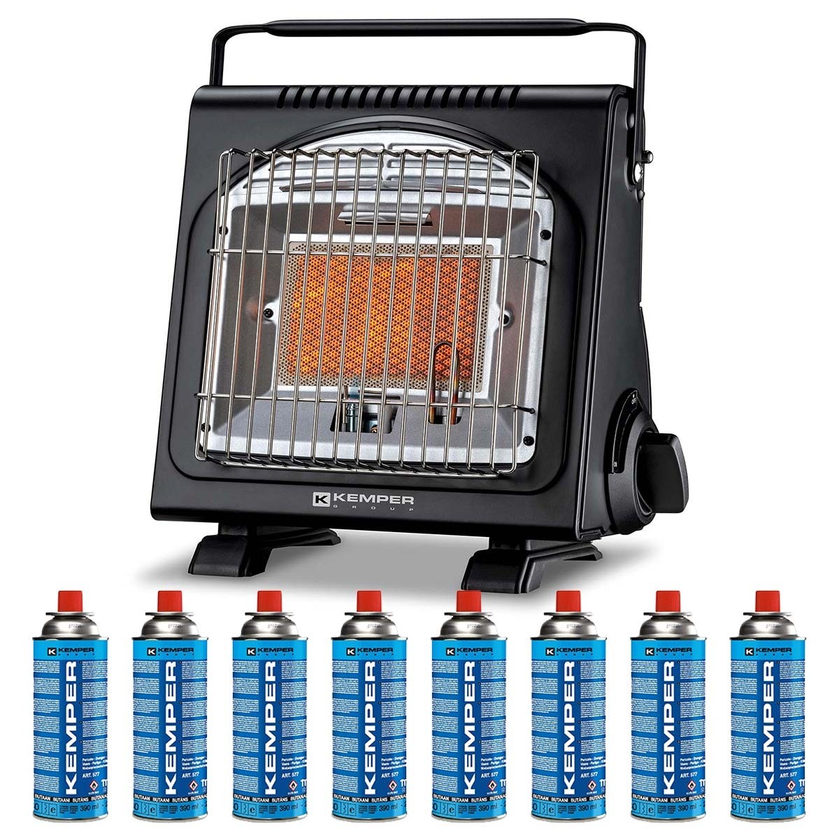 Chauffage à gaz portable 1700W 8 cartouches butane autonomie 2h30 sécurité ODS piezo allumage facile KEMPER