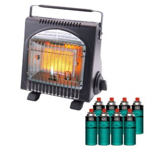 Chauffage à gaz portable Fuego 1700W + 8 cartouches butane EN417 - Piezo - Sécurité Anti basculement - ODS thermocouple - INTEC