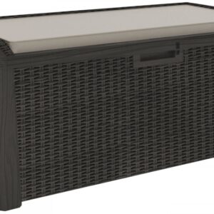 Coffre de jardin 560L effet rotin anthracite résistant gel/intempéries/UV coussin inclus L147xP72xH65 cm robuste léger TOOMAX