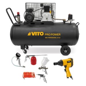 Compresseur d'air 200L 10Bar 400L/min + Clé à choc pneumatique 310Nm + Outils de Gonflage Soufflage Peinture Garage Atelier VITO