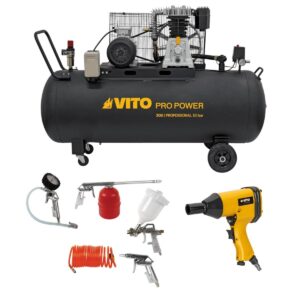 Compresseur d'air 300L 10Bar 500L/min + Clé à choc pneumatique 310Nm + Outils de Gonflage Soufflage Peinture Garage Atelier VITO
