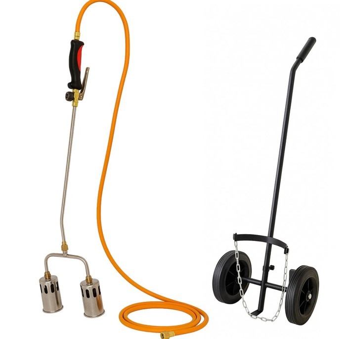 Désherbeur thermique Pro 2 brûleurs Ø60 mm Tuyau 5m Régulateur de pression 0-4.0 bar Chariot pour bouteille INTEC