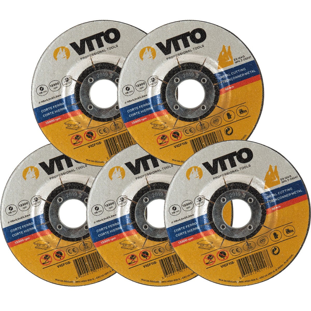 Disques à tronçonner métal 115 mm Lot de 5 épaisseur 3 mm alésage 222 mm usage intensif VITO PRO-POWER