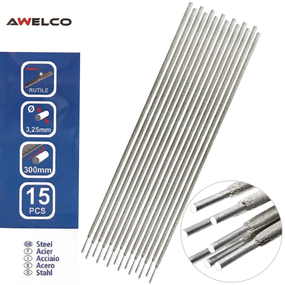 Etui de 15 Electrodes acier 325 x 300 mm Rutile Soudure à l'arc Toutes positions AWELCO