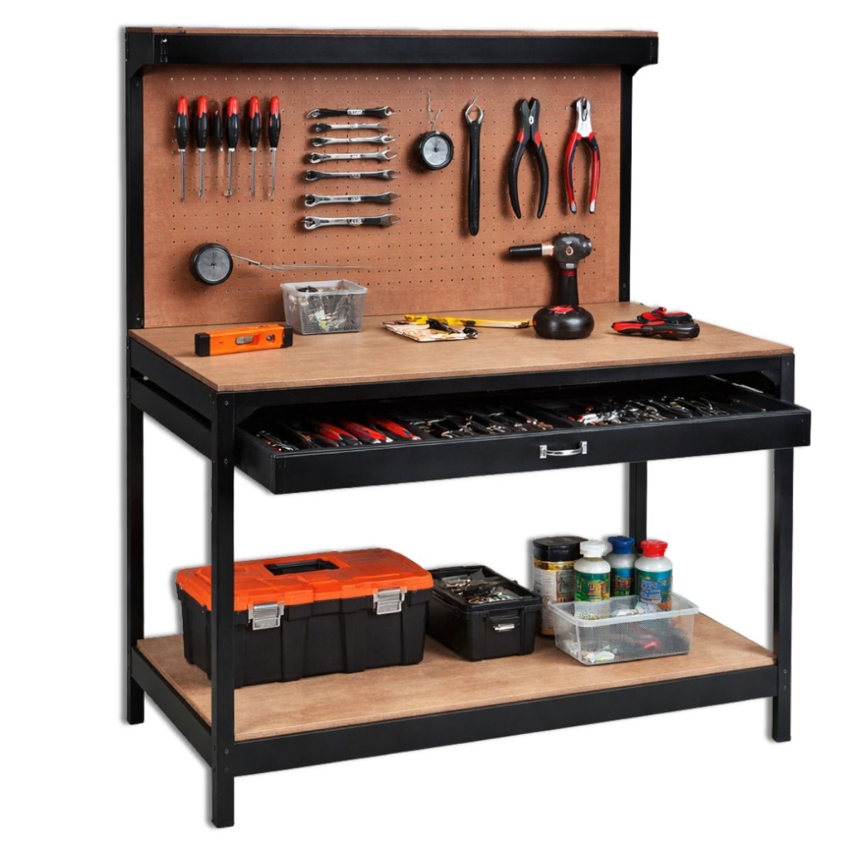 Établi d'atelier 120 x 60 x 150 cm - Panneau porte-outils perforé - Grand tiroir - Charge 100 kg - Plateau bois MDF - PROWELTEK – Image 4