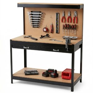Établi d'atelier 120 x 60 x 150 cm - Panneau porte-outils perforé - Grand tiroir - Charge 100 kg - Plateau bois MDF - PROWELTEK