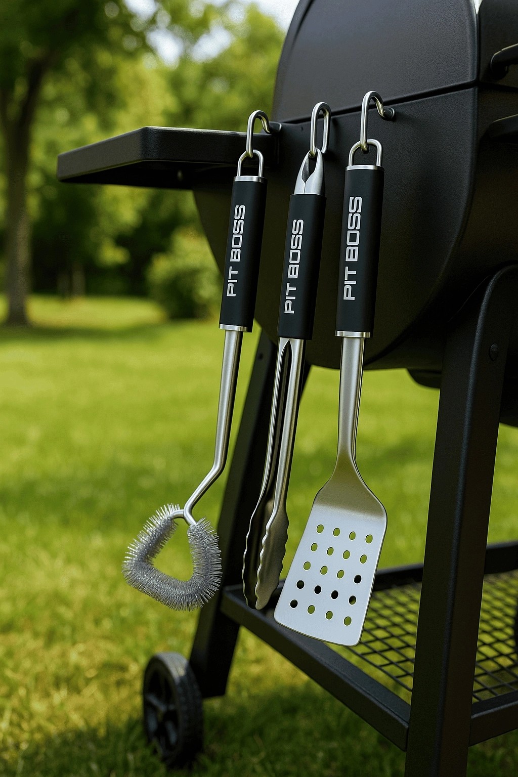 Kit 3 Ustensiles Barbecue : Spatule Tranchante, Pince Verrouillable, Brosse Inox PIT BOSS – Image 2