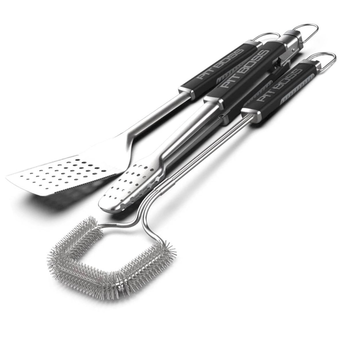 Kit 3 Ustensiles Barbecue : Spatule Tranchante, Pince Verrouillable, Brosse Inox PIT BOSS