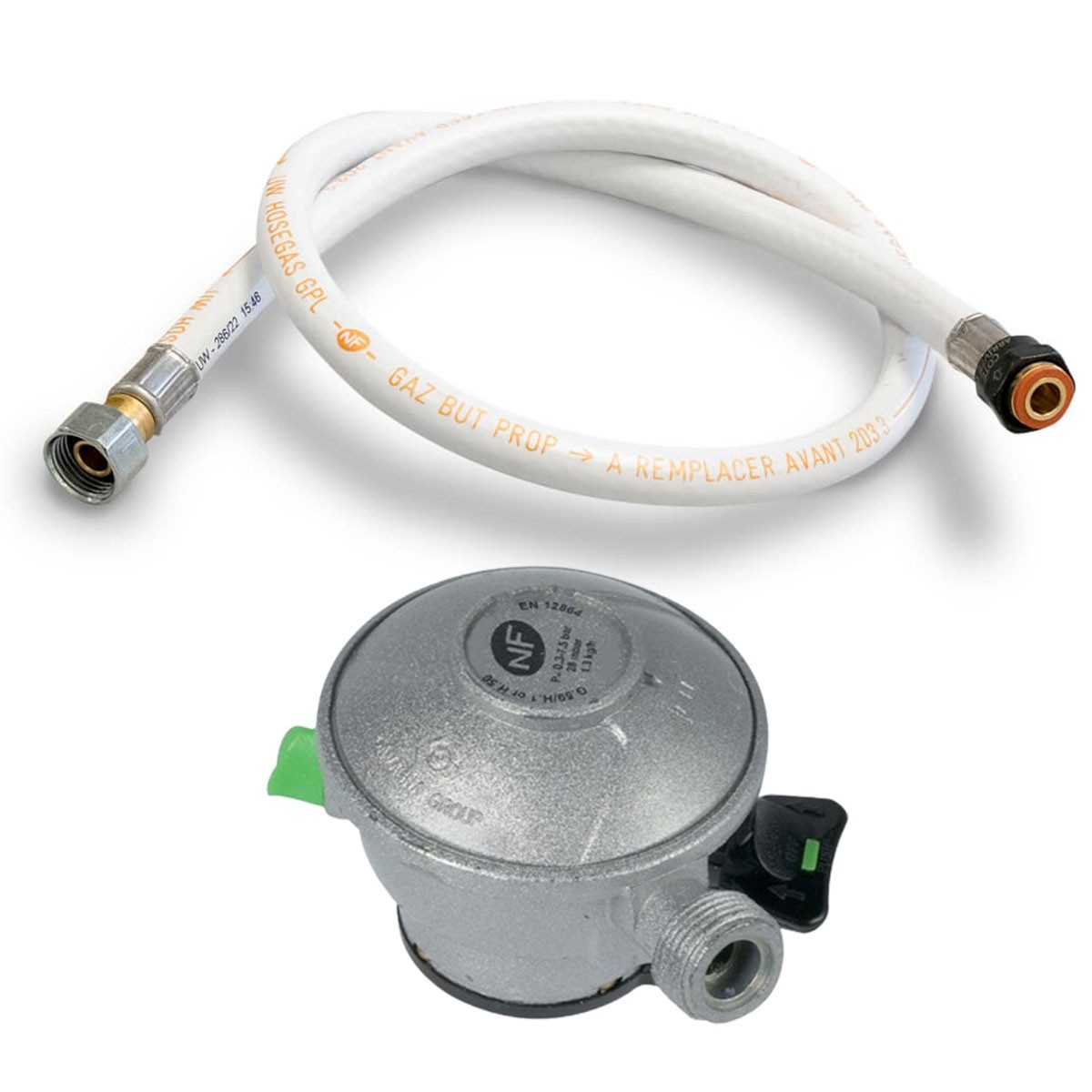 Kit Détendeur Gaz Propane 37mbar Quick-On Valve 27mm + Tuyau Souple 2m pour Bouteilles Quick-On KEMPER