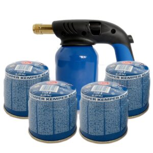 Lampe à souder à gaz Coque Acier Allumage Piézo + 4 cartouches 190g Sécurité Stop Gaz KEMPER