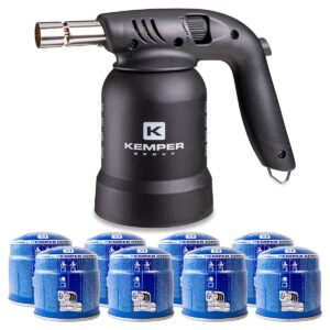 Lampe à souder à gaz 360° Allumage Piézo + 8 cartouches perçables BLACK EDITION KEMPER