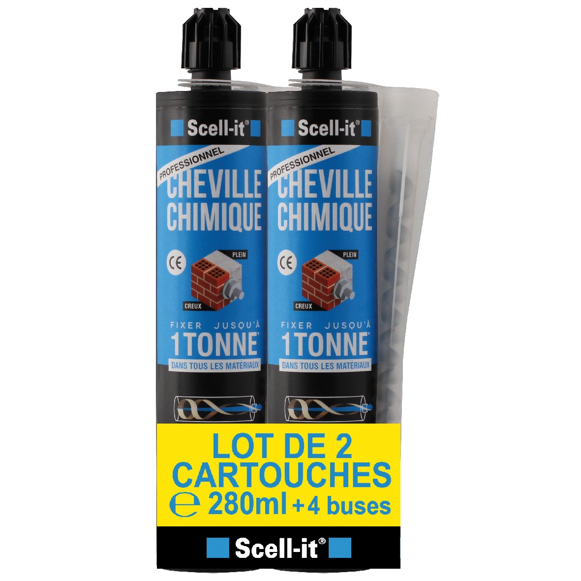 Lot de 2 Cartouches Scellement Chimique 280ml Réutilisable Jusqu'à 1 Semaine avec 4 Buses SCELL-IT