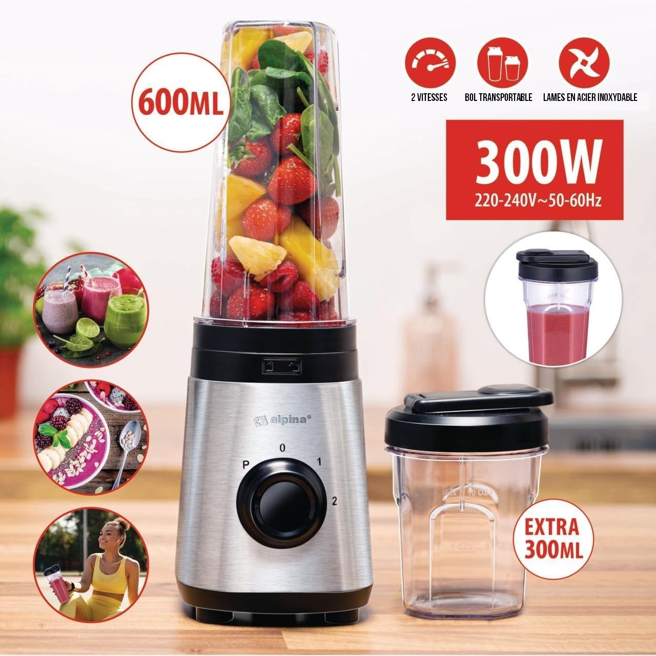 Mixeur Blender Smoothie 300W 2 Vitesses + Turbo 4 Lames Inox Gobelets 300/600 ml ALPINA – Image 2