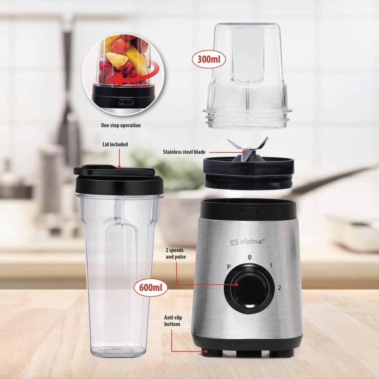 Mixeur Blender Smoothie 300W 2 Vitesses + Turbo 4 Lames Inox Gobelets 300/600 ml ALPINA – Image 3