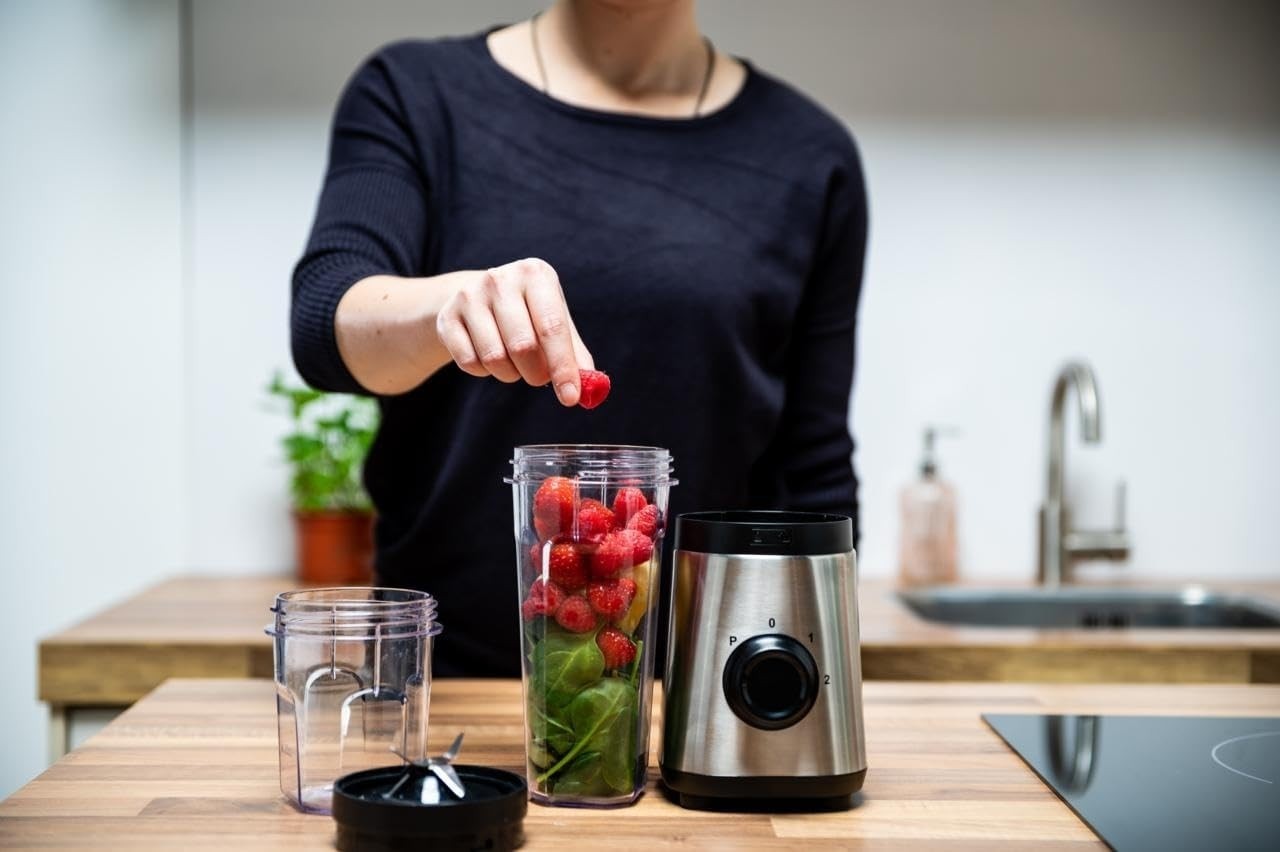 Mixeur Blender Smoothie 300W 2 Vitesses + Turbo 4 Lames Inox Gobelets 300/600 ml ALPINA – Image 4