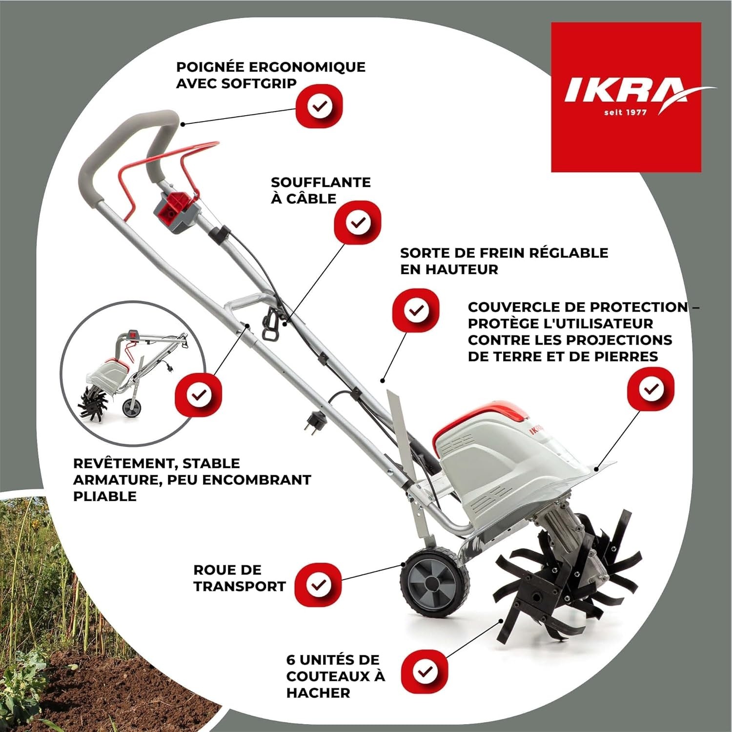 Motobineuse électrique 1500W Largeur de travail 17-45cm 6 fraises IKRA – Image 32