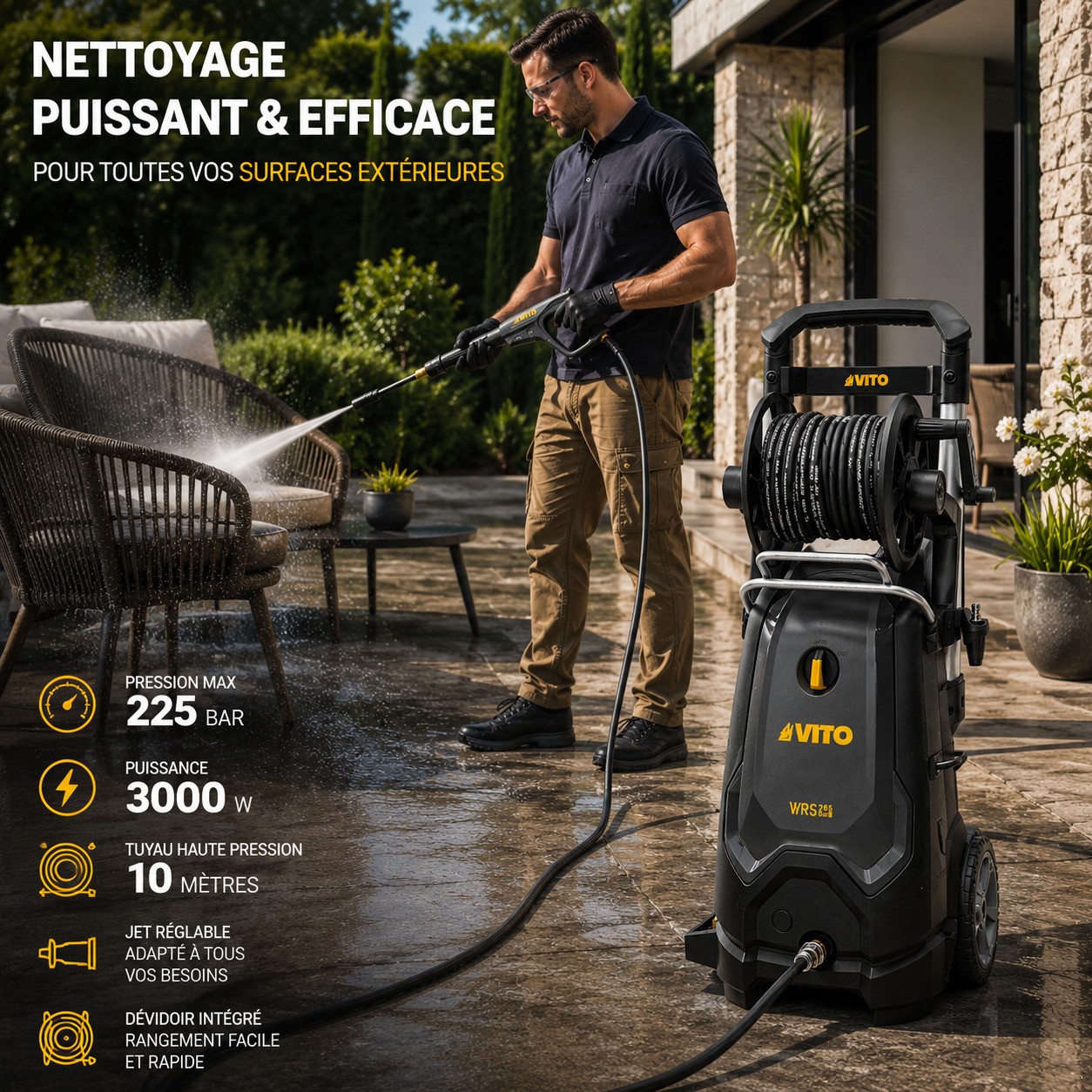 Nettoyeur haute pression 225 bar 3000W Moteur Induction Tuyau 10m Dévidoir Jet réglable 6 buses VITO – Image 2