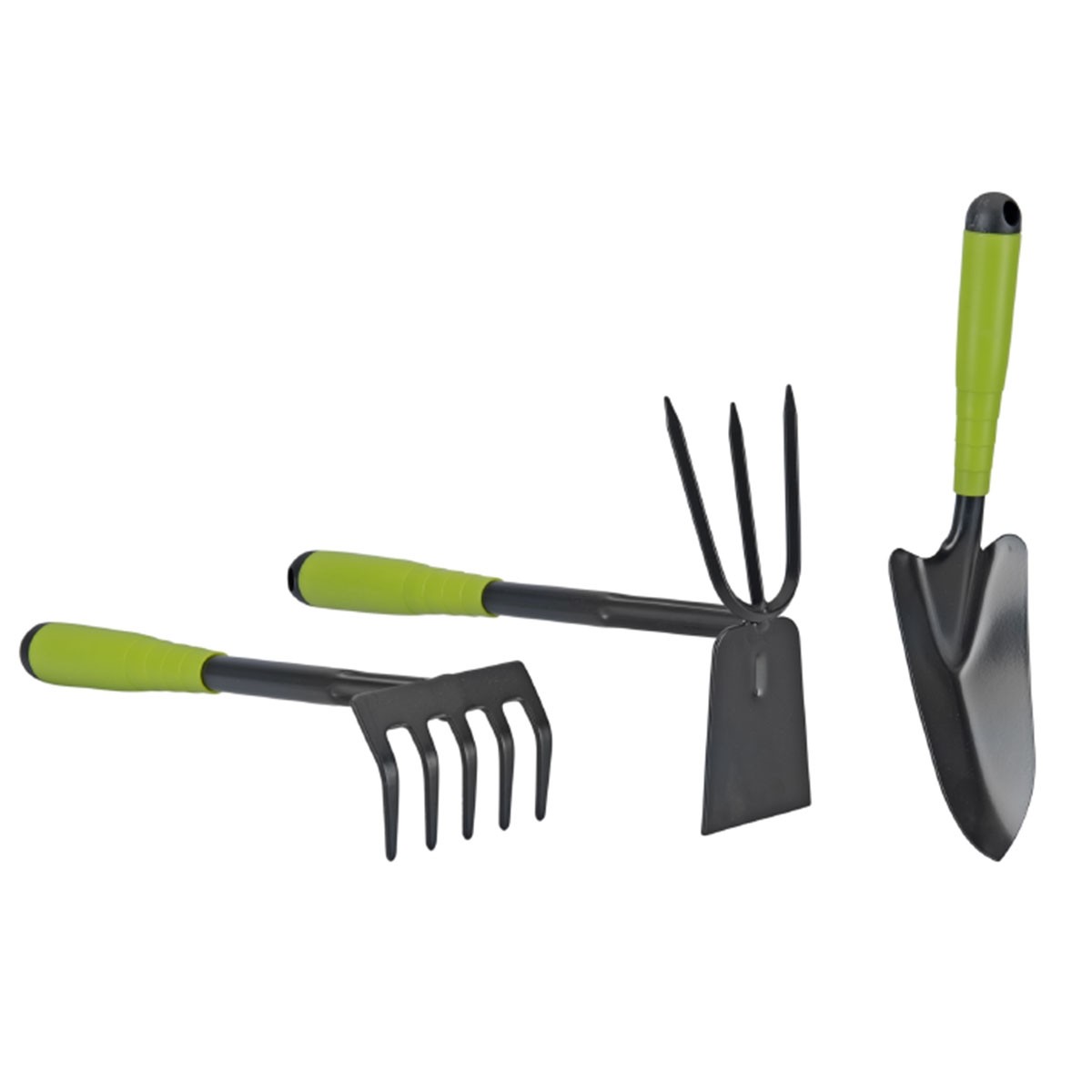Kit 3 outils de jardin en acier renforcé manche plastique serfouette 3 dents transplantoir râteau 5 dents ITOOLS