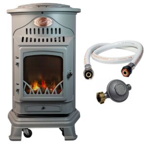 Poêle à gaz Provence gris + Tuyau + Détendeur - 3400W - Fonte - Effet feu de bois - 2 niveaux de chauffe - SAHARA