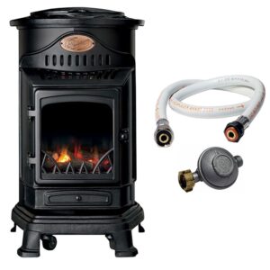 Poêle à gaz Provence noir + Tuyau + Détendeur - 3400W - Fonte - Effet feu de bois - 2 niveaux de chauffe - SAHARA