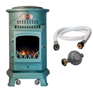 Poêle à gaz Provence vert + Tuyau + Détendeur - 3400W - Fonte - Effet feu de bois - 2 niveaux de chauffe - SAHARA