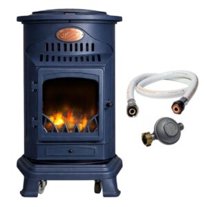 Poêle à gaz Provence bleu marine + Tuyau + Détendeur - 3400W - Fonte - Effet feu de bois - 2 niveaux de chauffe - SAHARA