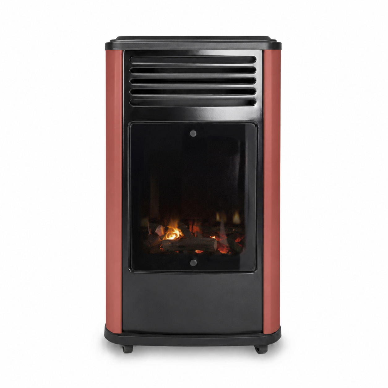 Poêle à gaz Manhattan Rouge - 3400W - Effet feu de bois - 3 niveaux de chauffe - Allumage piézo - SAHARA