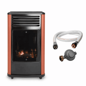 Poêle à gaz Manhattan Rouge + Tuyau + Détendeur - 3400W - Effet feu de bois - 3 niveaux de chauffe - Allumage piézo - SAHARA