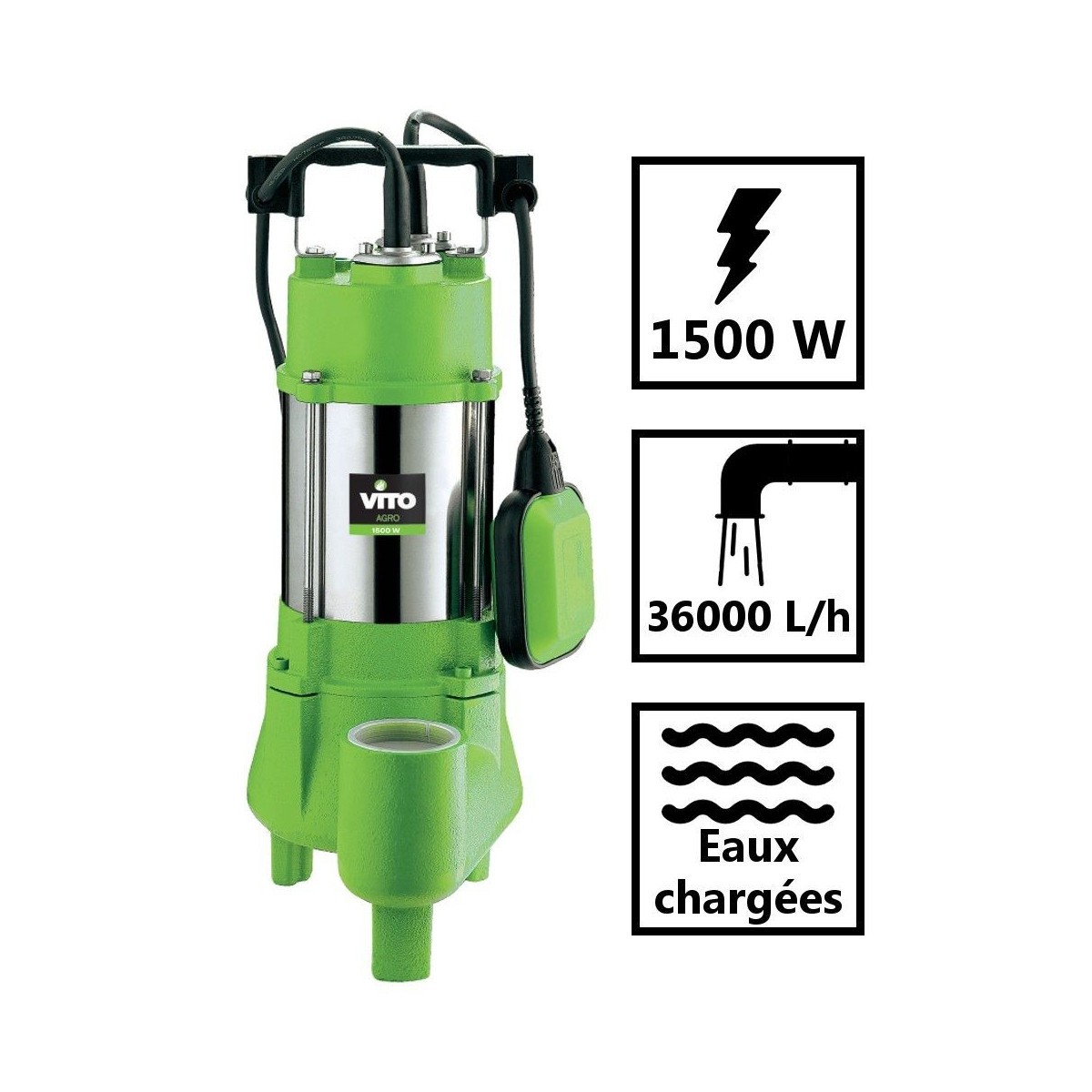 Pompe de relevage et d'évacuation d'eaux chargées 1500W 36000L/h Acier inoxydable VITO AGRO – Image 3
