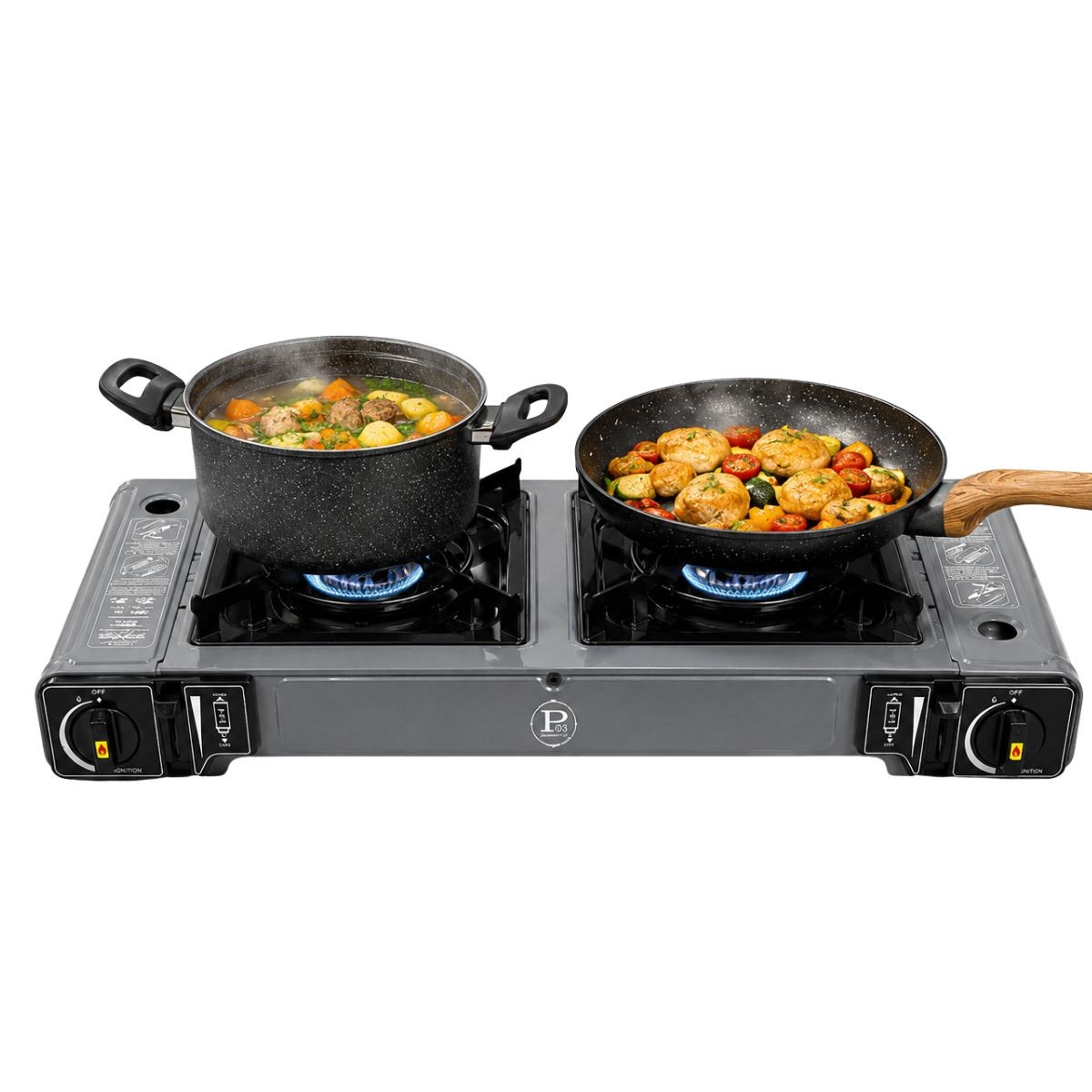 Réchaud à Gaz 2 Feux 3800W + 4 cartouches Butane - Surface de cuisson 21 x 21 cm - Allumage Piezo - INTEC – Image 2