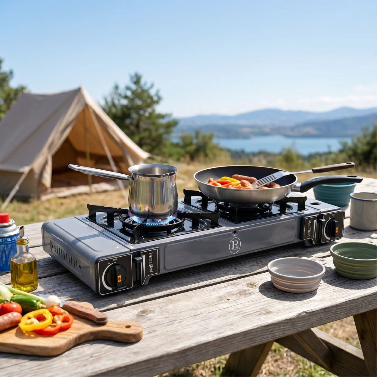 Réchaud à Gaz 2 Feux 3800W + 4 cartouches Butane - Surface de cuisson 21 x 21 cm - Allumage Piezo - INTEC – Image 4
