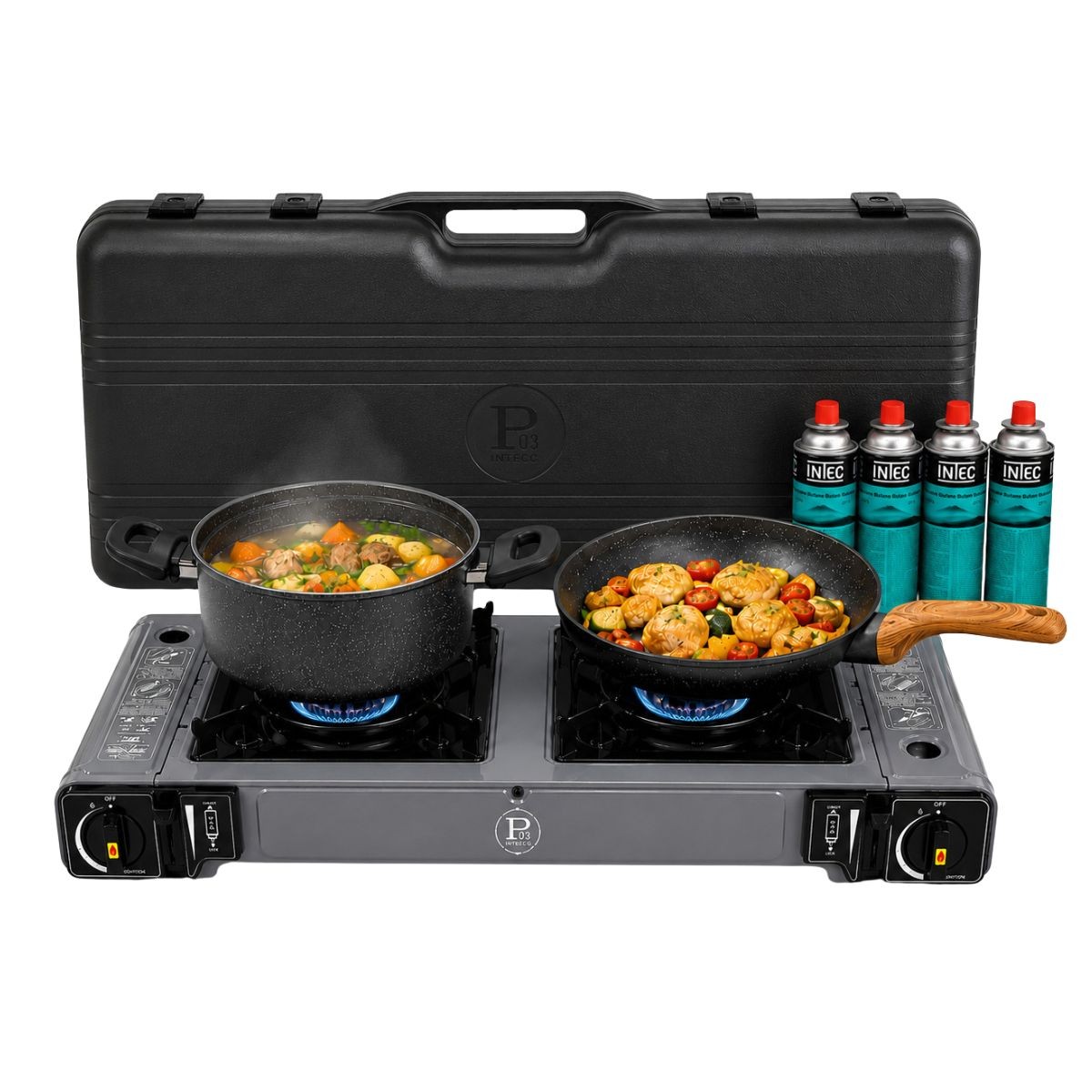 Réchaud à Gaz 2 Feux 3800W + 4 cartouches Butane - Surface de cuisson 21 x 21 cm - Allumage Piezo - INTEC