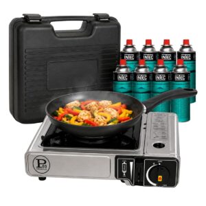 Réchaud à gaz portable 1 feu 2200W + 8 cartouches - Inox - Allumage Piezo - INTEC