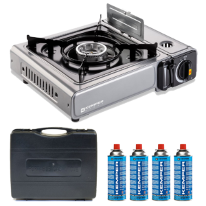 Réchaud à gaz portable 2200W - Inox - Allumage Piezo + 4 Cartouches gaz - KEMPER