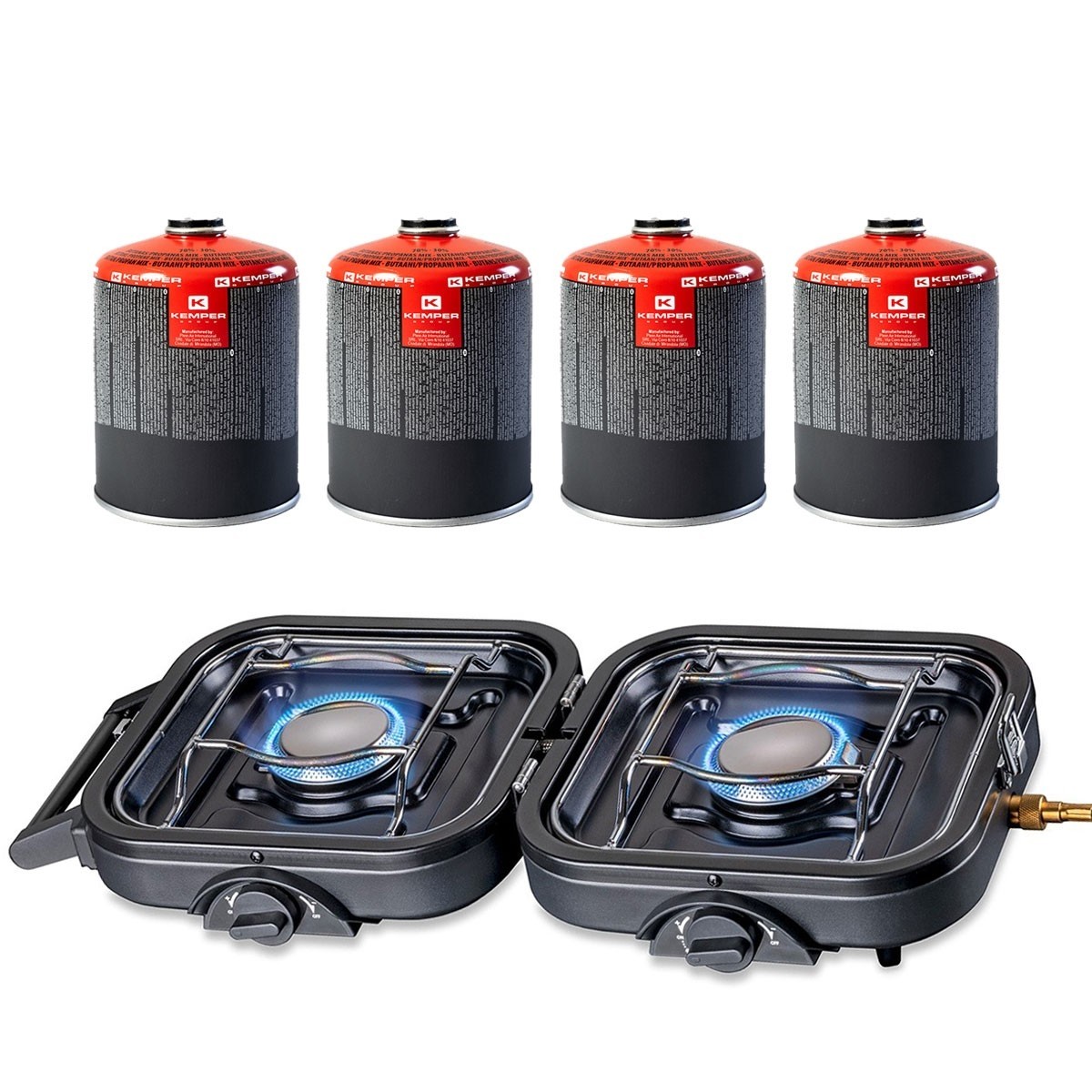 Réchaud gaz 2 feux 4600W Pliable Inox Allumage Piezo + 4 Cartouches de gaz KEMPER