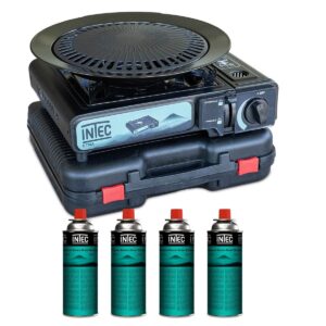 Réchaud gaz portable 2200W + 4 cartouches - 1 feu allumage Piézo plaque grill Ø 25cm INTEC
