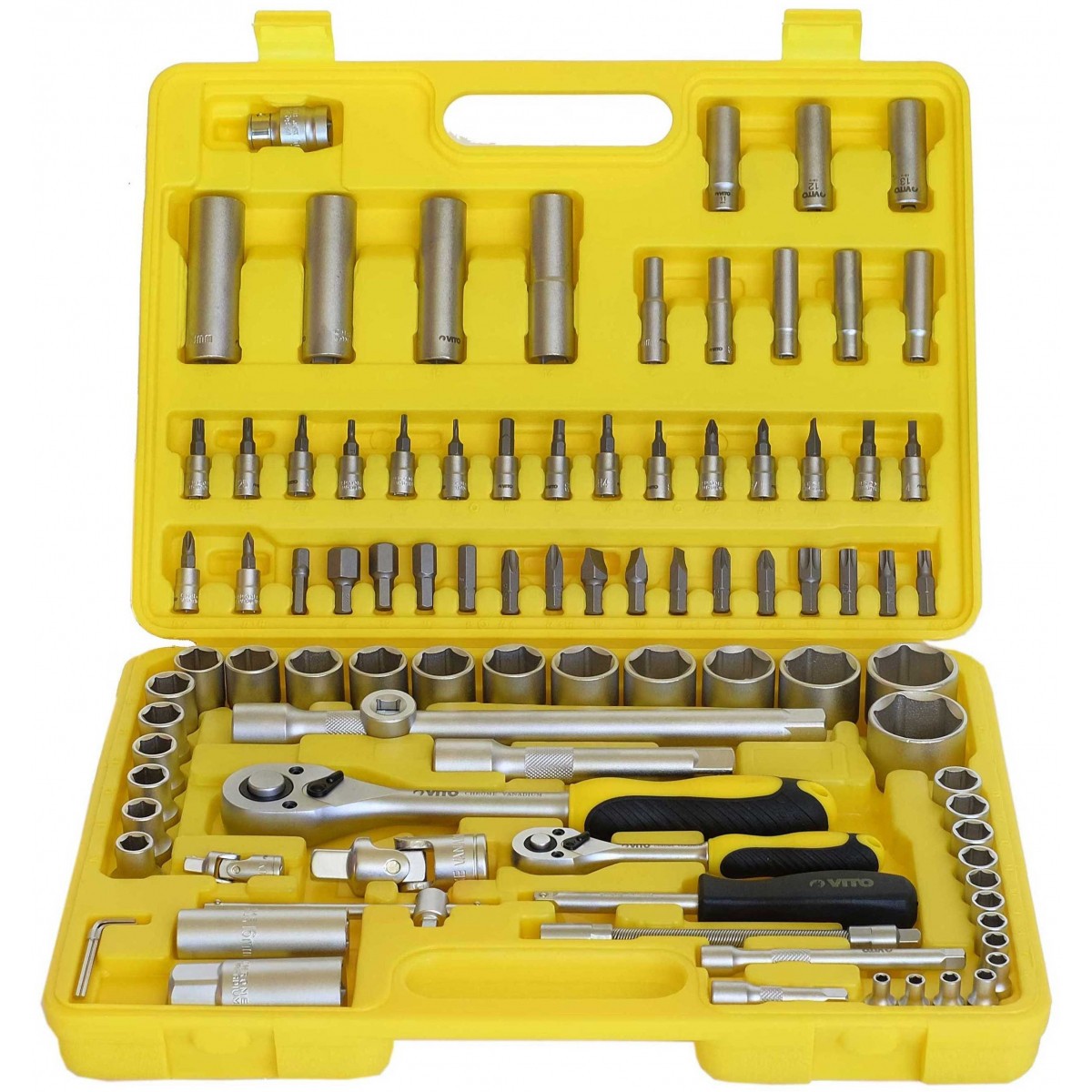 [Reconditionné] Coffret à douilles 94 pièces Chrome vanadium 1/2" et 1/4" Résistant aux chocs Ouverture facile VITO PRO-POWER