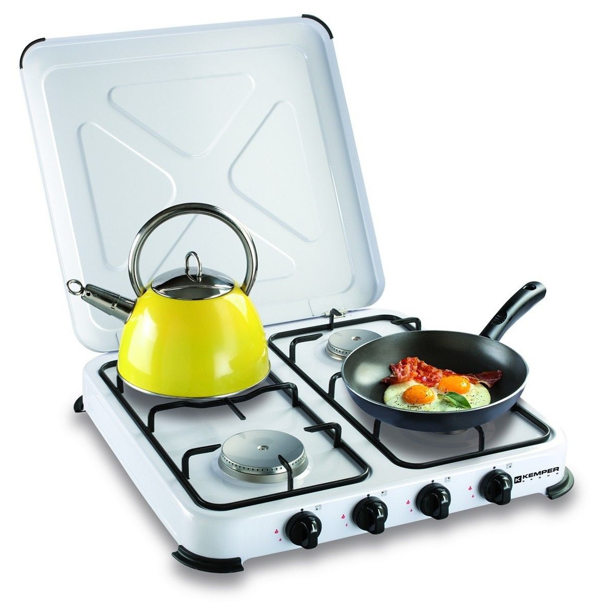 [Reconditionné] Plaque de cuisson gaz portable 4 feux - 465 kW - Brûleurs inox - Couvercle amovible KEMPER
