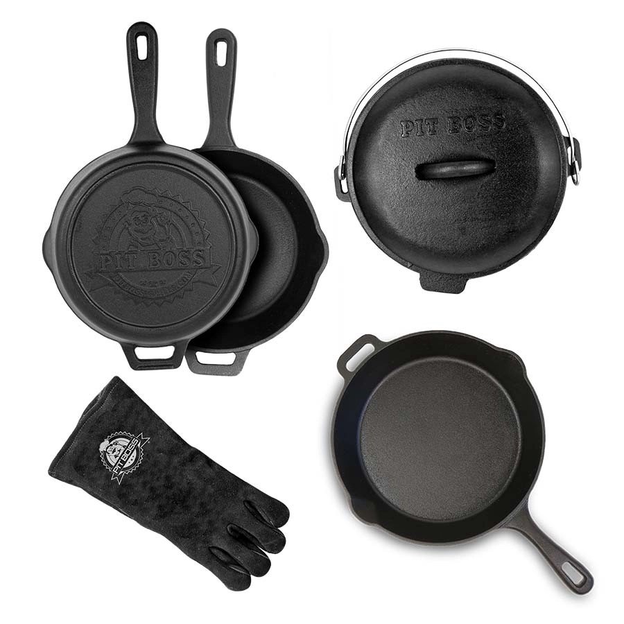 Set 6 pièces Accessoires de Cuisson 100% Fonte avec Gants cuir PIT BOSS