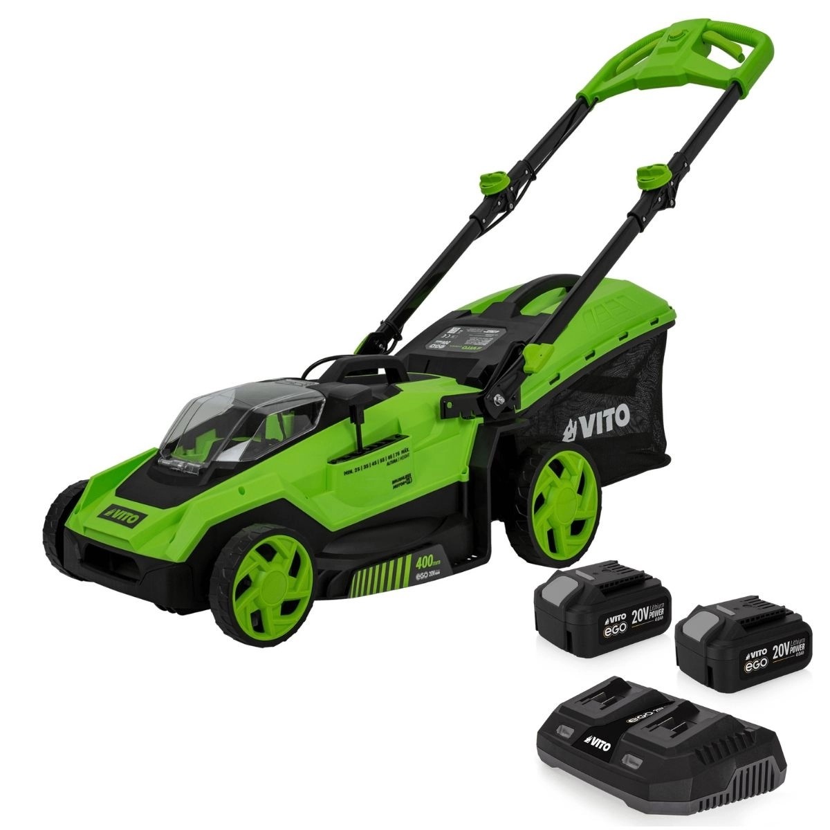 Tondeuse à Gazon Sans Fil 40V + 2 Batteries Lithium 3.0Ah + Chargeur double Moteur Brushless Largeur de Coupe 40cm VITO